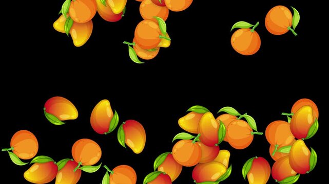 Falling Cartoon Mangoes and Peaches Animation on Black Background
