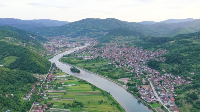 Gorazde, Bosnia and Herzegovina &ndash; May 31, 2026: Elevated aerial view of Gorazde and the Drina River surrounded by rolling hills