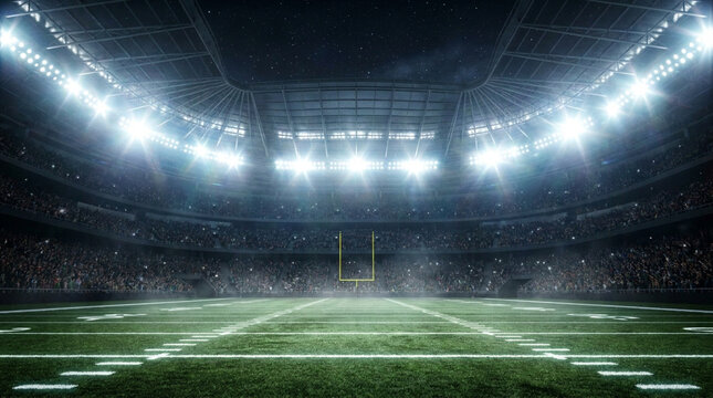 Wide angle ground level view of a professional American football stadium at night with bright floodlights illuminating the green grass field, yellow goalposts, and a full crowd in stands.