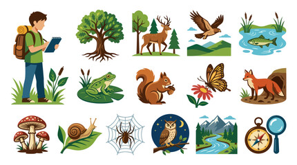 Obraz premium Flat Style Nature and Wildlife Icons Set - Animals, Plants, Landscape, Explorer
