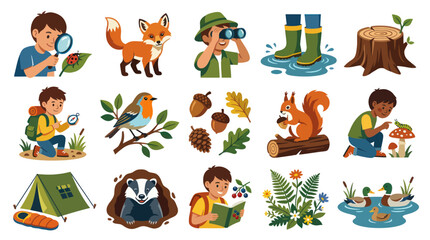 Fototapeta premium Children's Nature Exploration Flat Vector Illustration Set with Kids, Wild Animals, and Outdoor Gear