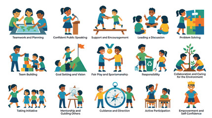 Fototapeta premium Children Learning Skills: Teamwork, Confidence, Problem Solving, Leadership Icons