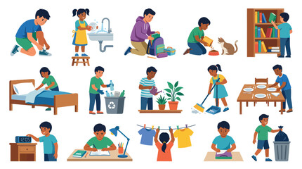 Fototapeta premium Kids Doing Chores and Activities - Flat Vector Illustrations
