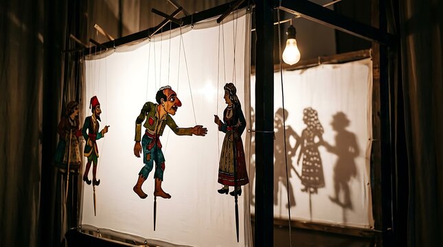 Traditional shadow puppet performance on a backlit white screen