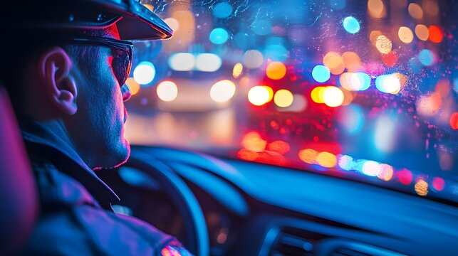 Police officer inside patrol car at night with flashing lights, approaching swerving vehicle. Urban traffic scene, urgency, law enforcement action. High contrast neon lighting, cinematic angle.