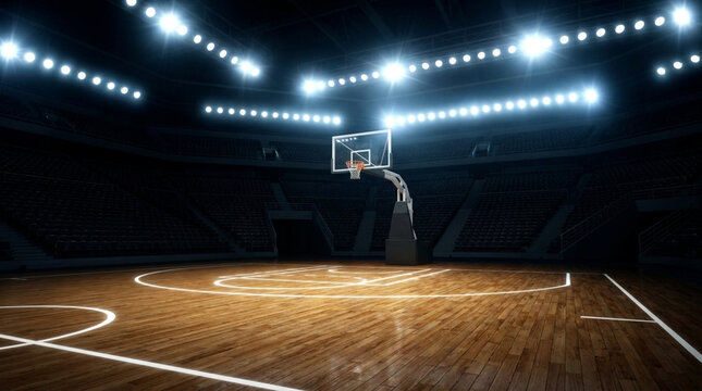 Empty indoor basketball arena featuring polished wood court, glass backboard, and bright overhead stadium lighting illuminating dark vacant spectator seating at night.