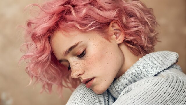 Young woman with vibrant pink hair resting her head on hands. Close-up portrait of a creative millennial with pastel dyed curls in soft natural light.