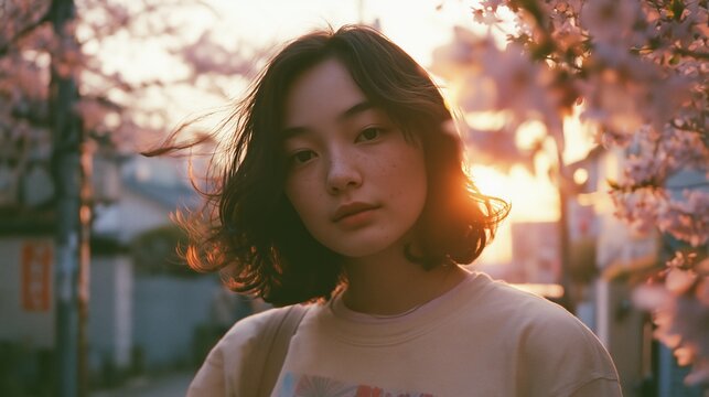 Young woman stands among cherry blossoms at sunset in a city street setting