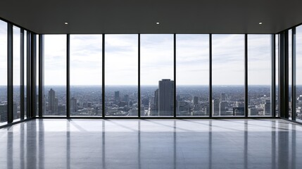 Naklejka premium Spacious empty room with floor-to-ceiling windows overlooking city skyline