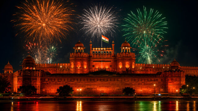 Historic Red Fort Lal Qila Delhi Illuminated in Warm Orange Amber Light With Indian National Flag Flying on Top and Spectacular Colorful Fireworks Display Bursting in Night Sky Celebrating Independenc