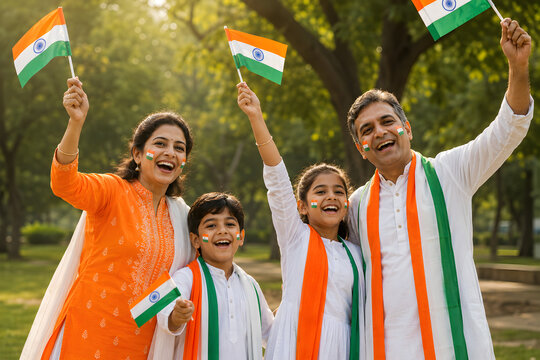 Happy Indian Family of Four Celebrating Independence Day 15 August 2026 Together in Park Wearing Tricolor Saffron White Green Scarves Waving Indian National Flag With Joy Representing Indian Patriotis