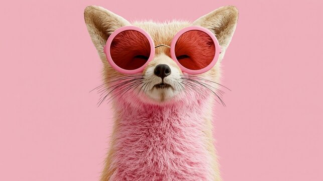 A fashionable fennec fox wearing pink sunglasses against a pastel pink background