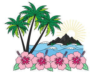 Tropical Landscape Vector with Palm Trees and Hibiscus Flowers © abil