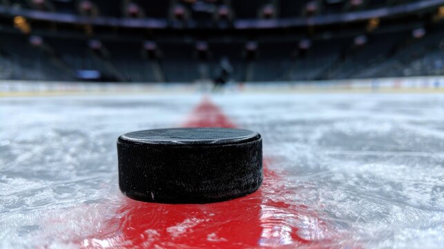 Close-up of hockey puck on ice with red line and blurred arena seating in background
