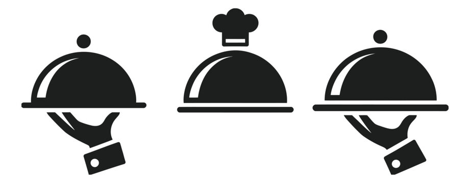 Serving cloche and waiter hand icon pack with chef hat, food tray, catering, delivery, and dining service symbols