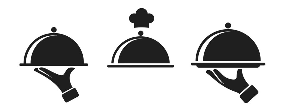 Serving cloche and waiter hand icon pack with chef hat, food tray, catering, delivery, and dining service symbols