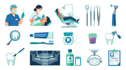 Fototapeta premium Dental Hygiene and Care Flat Icons Set: Dentist, Tools, Tooth X-ray, Equipment