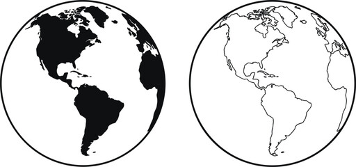 Planet earth globes showing north and south america continents in solid silhouette and line art styles isolated vector illustration. © Rajkumar