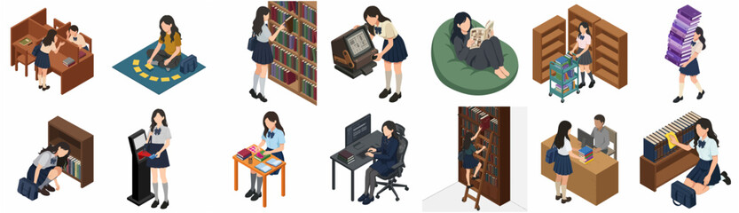 Isometric Illustration Set of a Schoolgirl Studying and Using Library Services © Khusnul