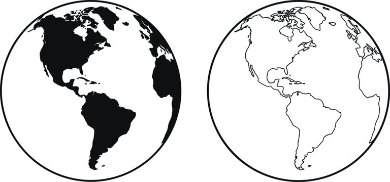Planet earth globes showing north and south america continents in solid silhouette and line art styles isolated vector illustration.