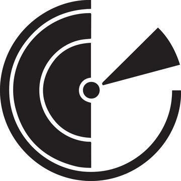 Vector black and white radar icon with a scanning beam and concentric circles, isolated on a transparent background, suitable for app UI or technology branding.