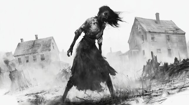 Woman in dark clothes stands in fog among old houses and ruins during a spooky scene depicting a mysterious atmosphere