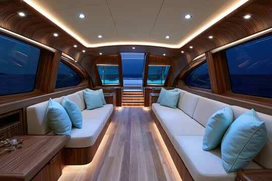 Luxurious yacht interior with comfortable seating and ambient lighting