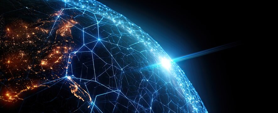 Glowing network overlay on Earth at night, with a bright light on the horizon