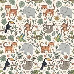 Naklejka premium Scandinavian Jungle Animal Nursery Pattern
