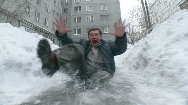 Man slips and falls in a snow-covered street during winter in a city neighborhood
