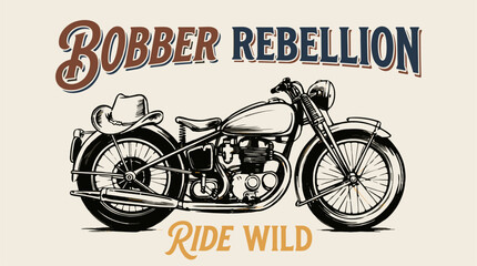 Bobber rebellion. Ride wild motorcycle print design for t shirt print. Poster sticker background. Vintage bike graphic. Custom motor road speed print © panji