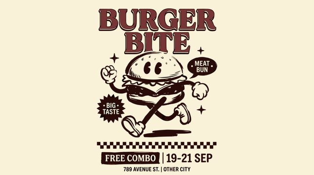 Burger bite vintage poster design. Retro cartoon burger character illustration. Fast food restaurant print for t shirt and sticker.