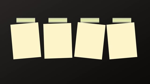 Blank paper sheets taped on dark wall, four empty note templates for copy space, minimalist office memo animation 4k background