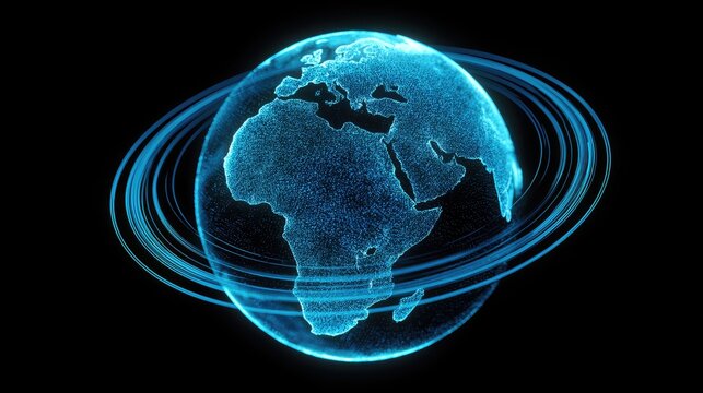 Glowing blue holographic Earth with orbiting rings against a black background