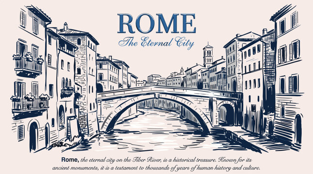 Rome the eternal city. Travel poster design for t shirt print, sticker, background. Italy tiber river bridge sketch. Historical landmark artwork.. Exp
