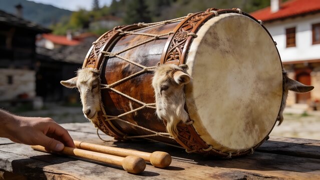 Traditional Bosnian tapan drum with wooden beaters on rustic surface, cylindrical membranophone with goat-skin heads