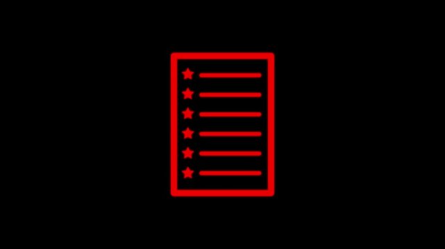 Red outline icon showing list with star bullets appearing on black background digital motion