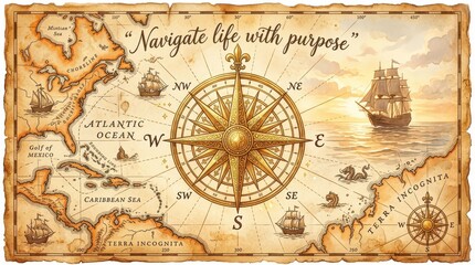 Fototapeta premium Antique nautical map with compass, sailing ships, and inspirational quote 'Navigate life with purpose' on parchment background