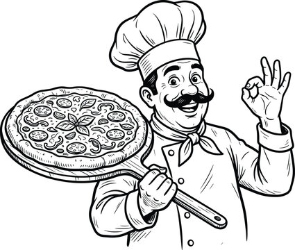 Happy Italian chef holding a fresh delicious pizza on a wooden paddle board making ok hand sign black and white vector illustration.