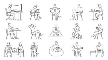 Fototapeta premium Minimalist line art people icons, set of 15 lifestyle character illustrations, black and white outline figures for web design