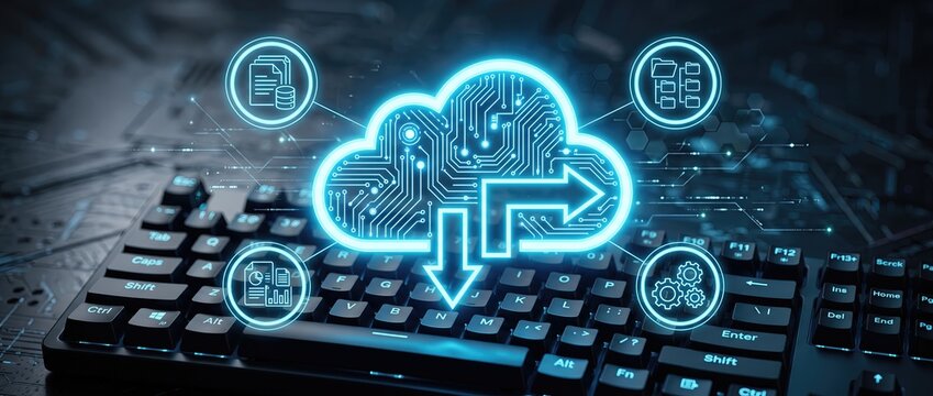 Innovative cloud computing visualization featuring a keyboard and digital symbols symbolizing data exchange and technological advancements in a modern high tech setting
