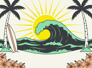 Vintage Surf Beach Illustration with Large Ocean Wave, Palm Trees and Hibiscus Flowers © loki