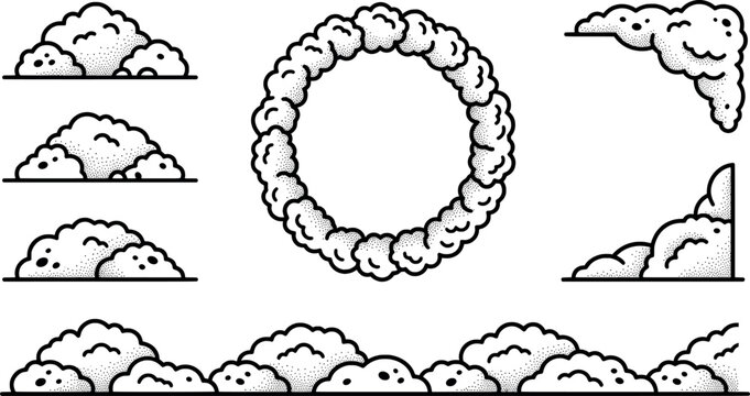 Set of handdrawn stippled cloud shapes, circular frame, and decorative borders for design transparent background
