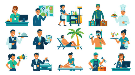 Fototapeta premium Flat Style Hotel Staff and Services Icons Vector - Hospitality Tourism