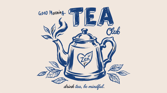 Tea club. Drink tea be mindful vintage design for t shirt print. Zen teapot illustration.. Good morning tea club. Hand drawn teapot artwork for poster