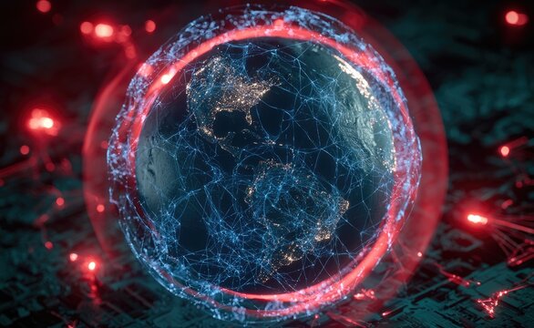 Earth enveloped by glowing red ring and digital network connections