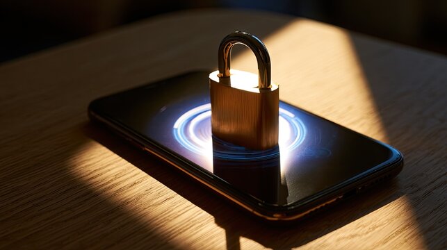 Golden padlock on smartphone with glowing circular interface, shadowed by light