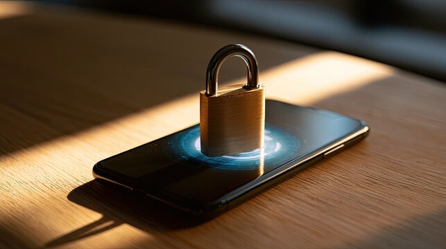 A locked smartphone on a wooden surface, symbolizing digital security and protection