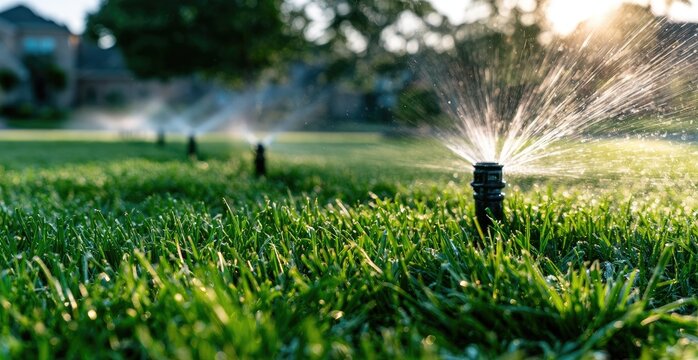 Sprinklers water a lush green lawn as the sun shines brightly