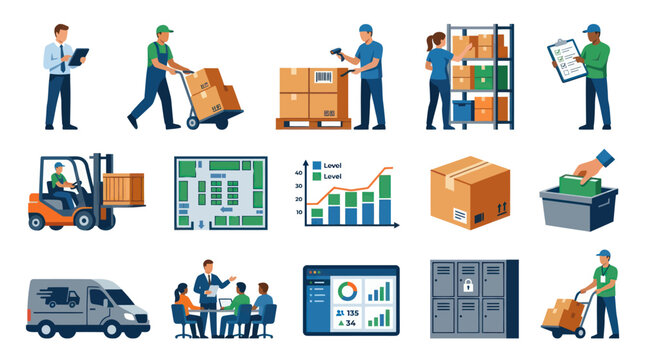 Warehouse Logistics  Delivery Icons: Forklift, Truck, Boxes, Charts, Flat Design